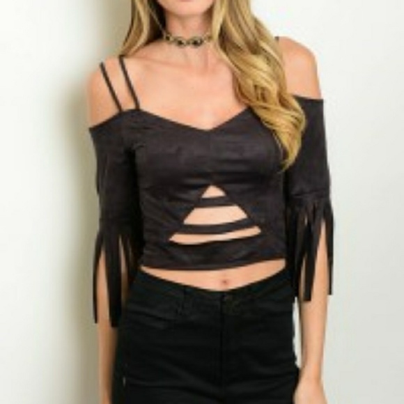 Tops - Black Suede Fringe Top